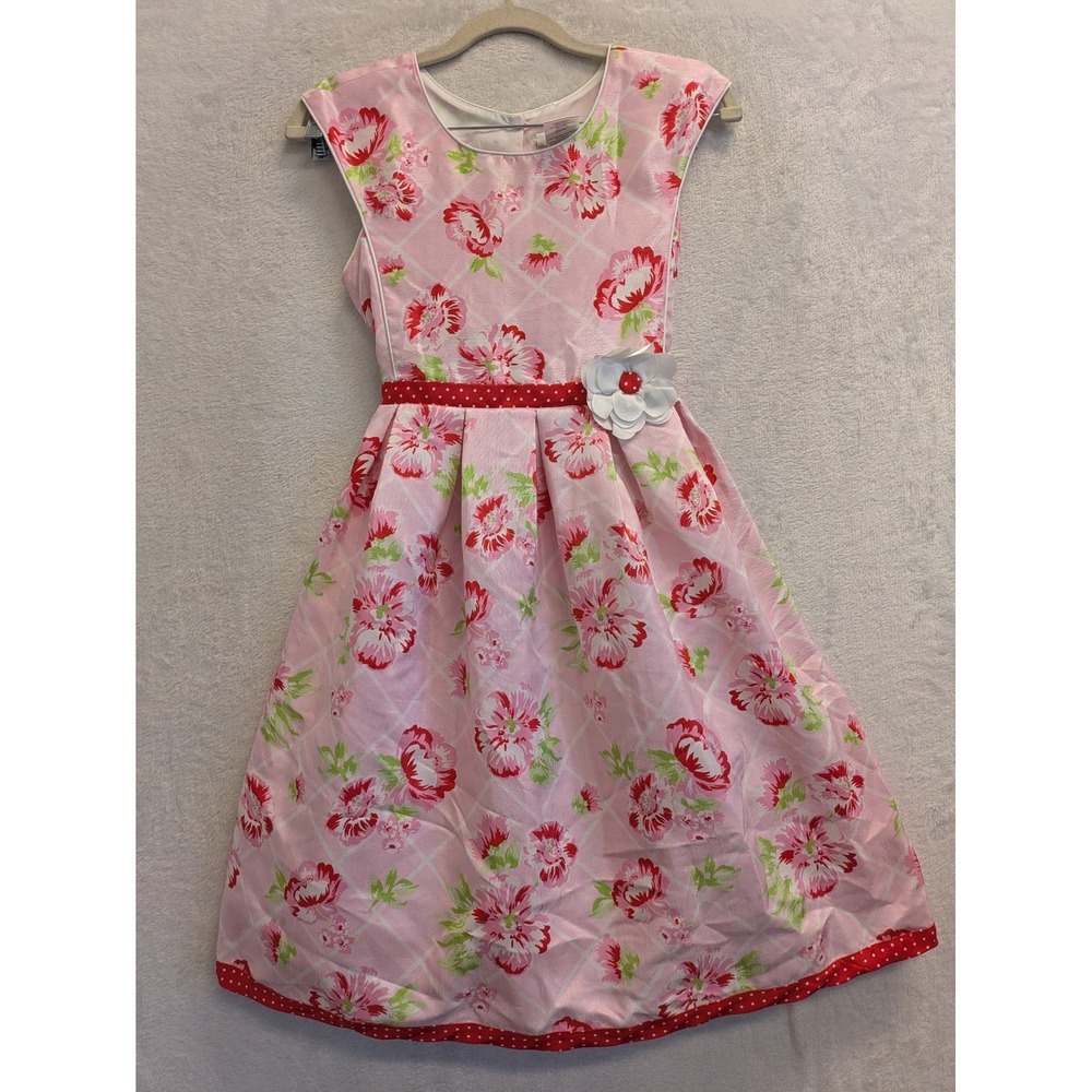 Jona Michelle Girls Pink Floral Party Dress with Red Polka Dot Trim Size 12